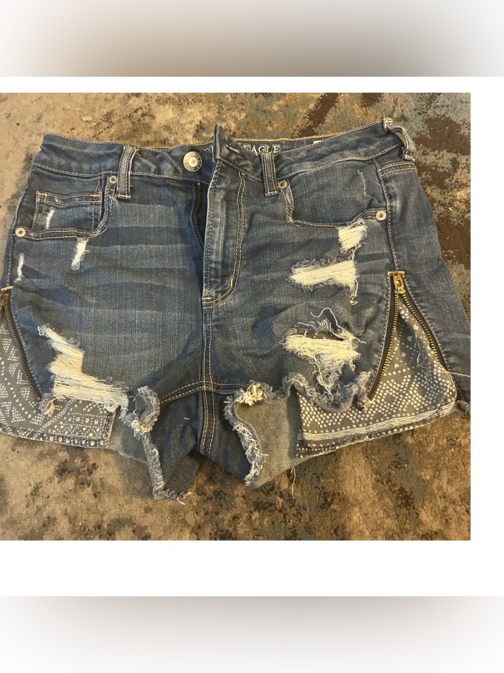 American Eagle Outfitters Distressed Blue Denim Shorts with Zip Detail
